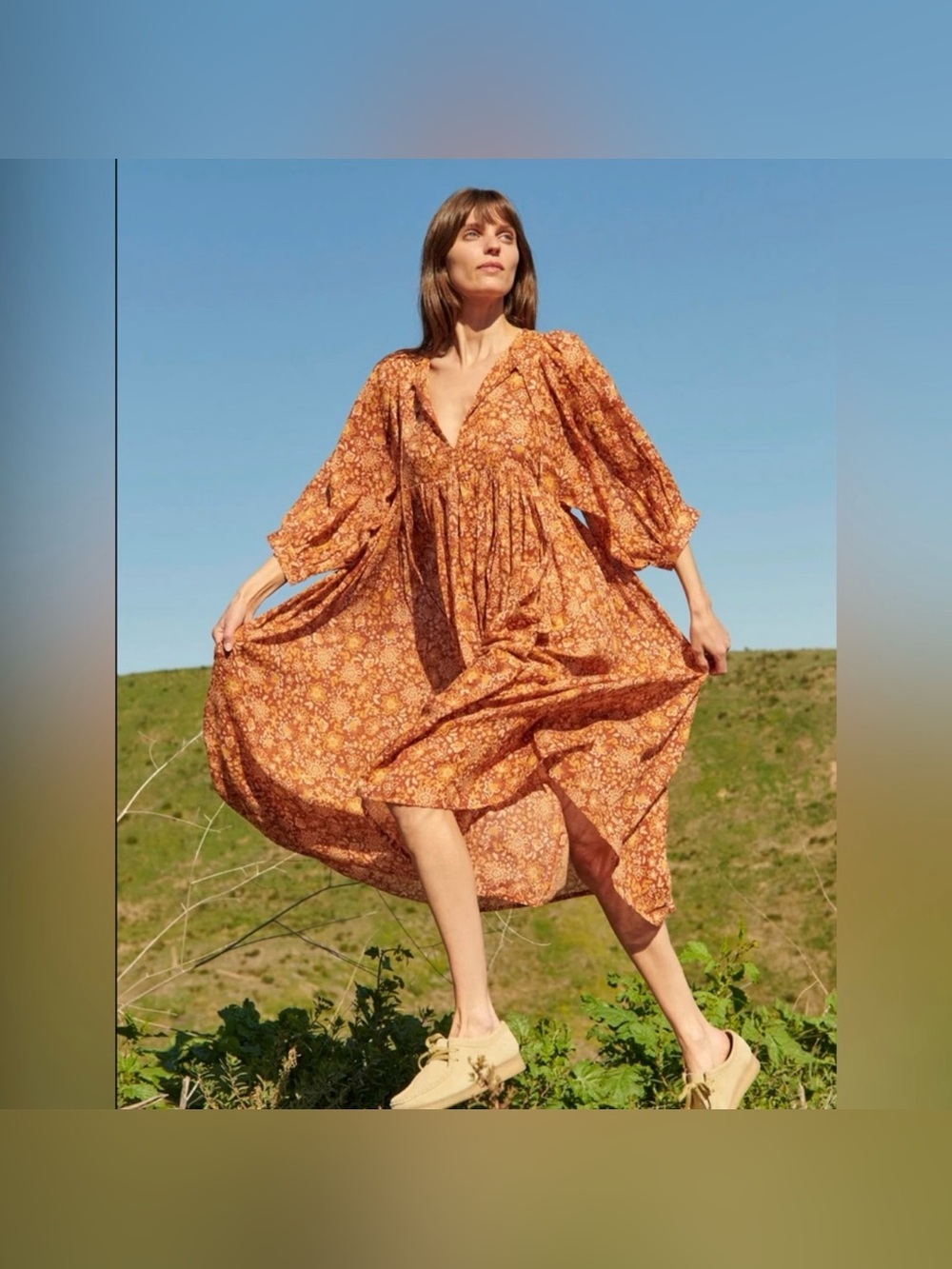Sundry Floral Cottagecore Prairie Blouson Flowy Boho Cotton Dress Medium